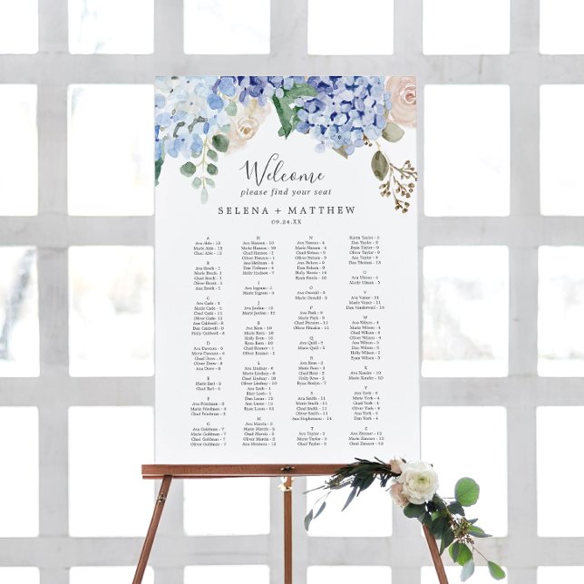 Elegant Blue Hydrangea Alphabetical Seating Chart Foam Board (Creator Uploaded)