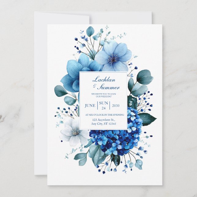 Elegant Blue Hydrangea Anemone Eucalyptus Invitation (Front)