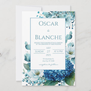 Elegant Blue Hydrangea Anemone Watercolor Wedding Invitation