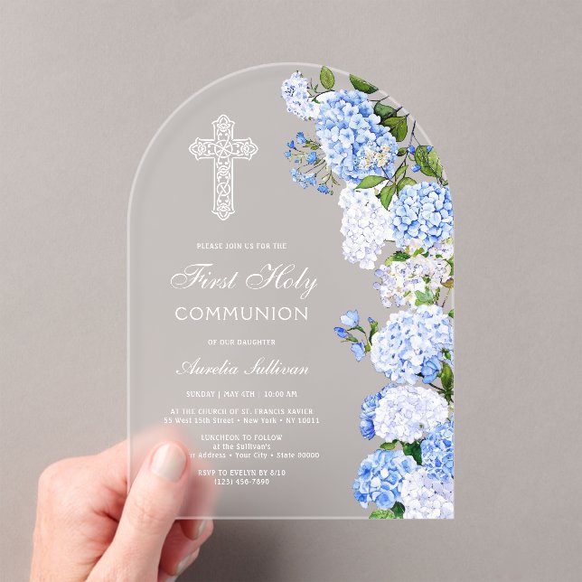 Elegant Blue Hydrangea Arch First Communion Acrylic Invitations (Insitu (Handheld))