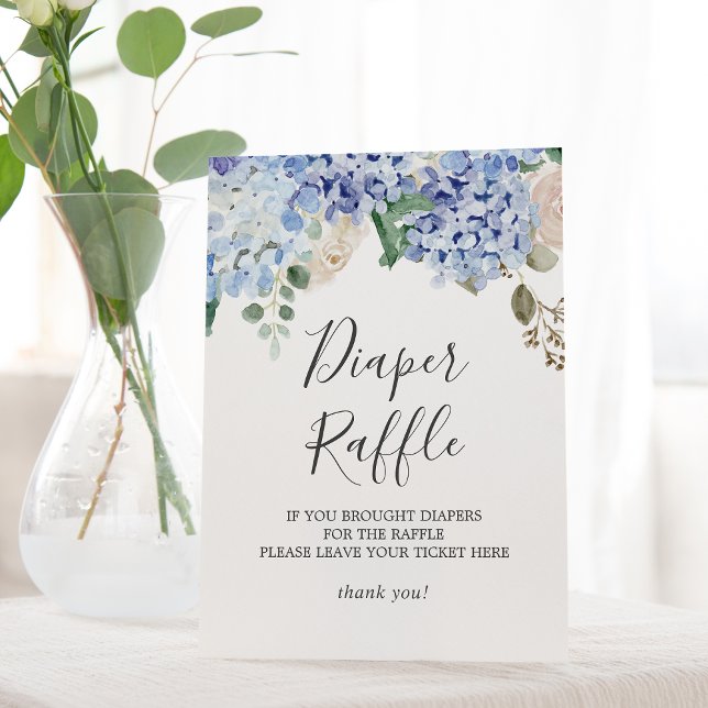 Elegant Blue Hydrangea Baby Shower Diaper Raffle Pedestal Sign (Creator Uploaded)