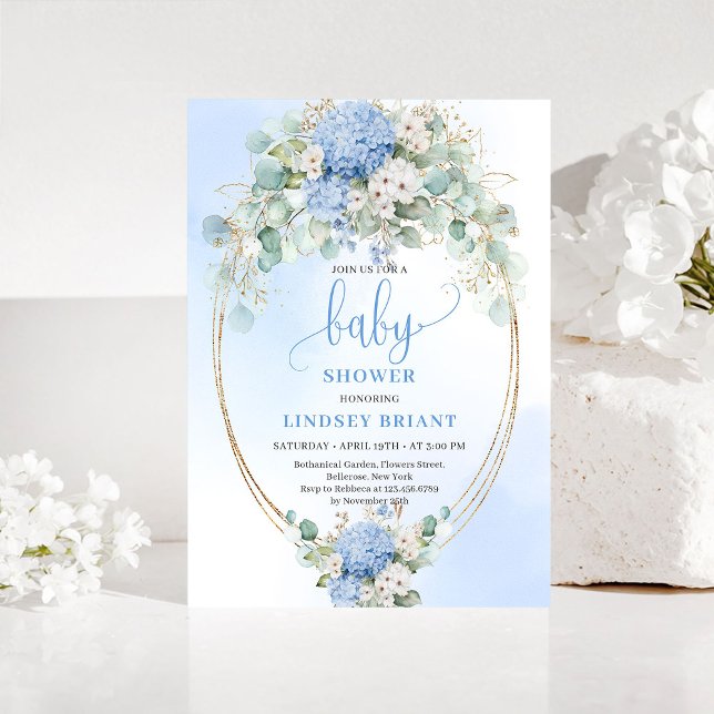 Elegant Blue Hydrangea Baby Shower Gold Invitation (Elegant Blue Hydrangea Baby Shower Gold Invitation)