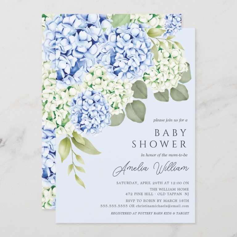 Elegant Blue Hydrangea Baby Shower Invitation 