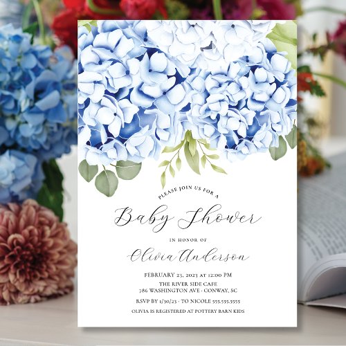 Elegant Blue Hydrangea Baby Shower Invitation