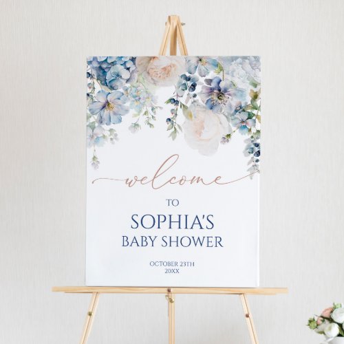 Elegant Blue Hydrangea Baby Shower Welcome Sign