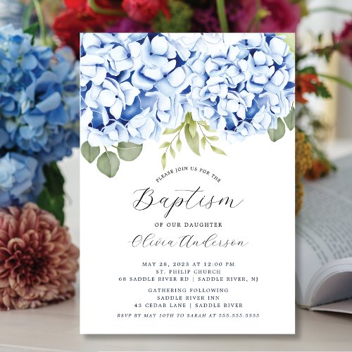 Elegant Blue Hydrangea Baptism Invitation