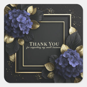 Elegant Blue Hydrangea Black and Gold Leaf Floral Square Sticker
