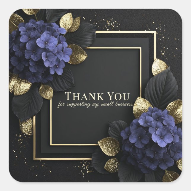 Elegant Blue Hydrangea Black and Gold Leaf Floral Square Sticker (Front)