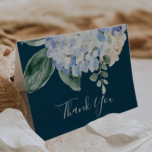 Elegant Blue Hydrangea  Blank Navy Thank You Card