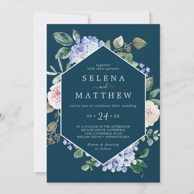 Elegant Blue Hydrangea | Blue Casual Wedding Invitation (Front)