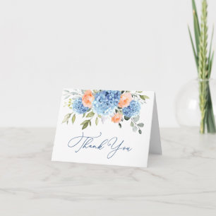 Elegant Blue Hydrangea Blush Pink Roses Flowers Letterpress Thank You Card