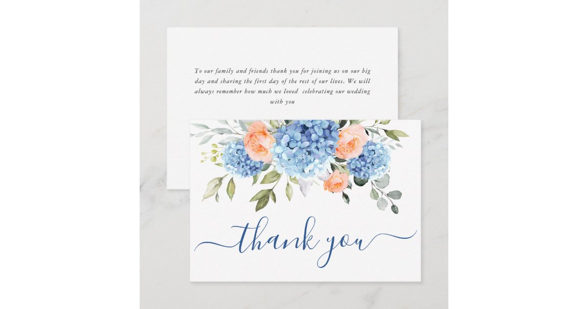 Elegant Blue Hydrangea Blush Pink Roses Flowers Thank You Card | Zazzle
