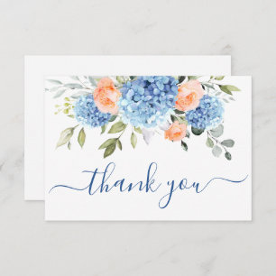 Elegant Blue Hydrangea Blush Pink Roses Flowers Thank You Card