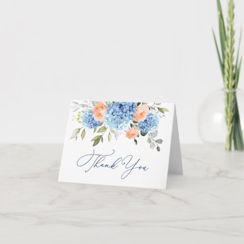 Elegant Blue Hydrangea Blush Pink Roses Flowers Thank You Card