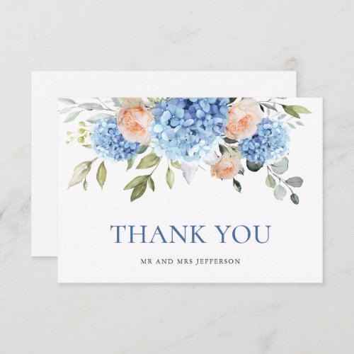 Elegant Blue Hydrangea Blush Pink Roses Flowers Thank You Card