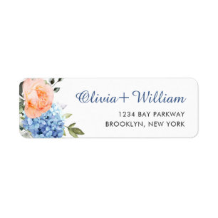 Elegant Blue Hydrangea Blush Pink Roses Return Label