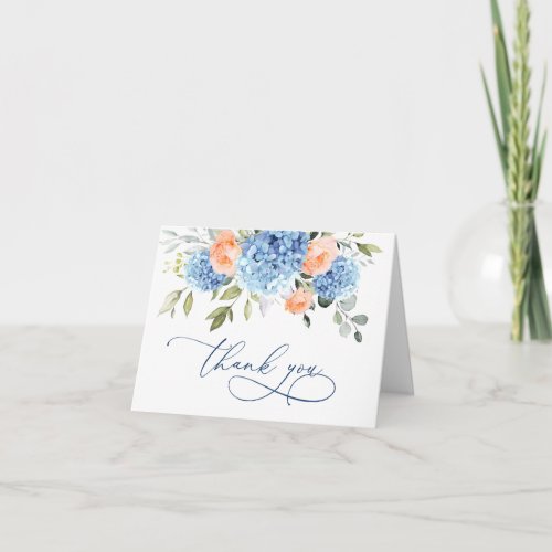 Elegant Blue Hydrangea Blush Pink Roses Thank You Card