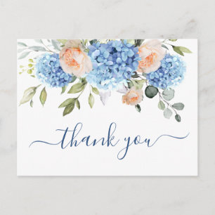 Elegant Blue Hydrangea Blush Pink Roses Thank You Postcard