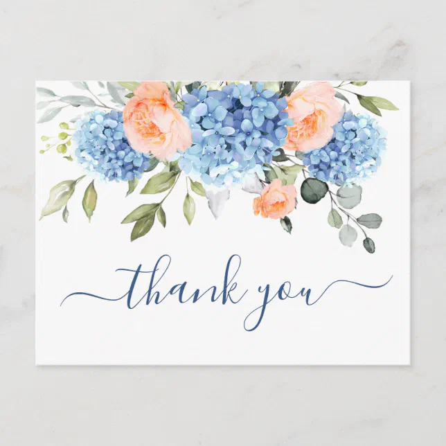 Elegant Blue Hydrangea Blush Pink Roses Thank You Postcard | Zazzle