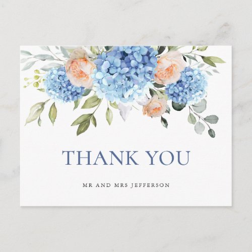 Elegant Blue Hydrangea Blush Pink Roses Thank You Postcard