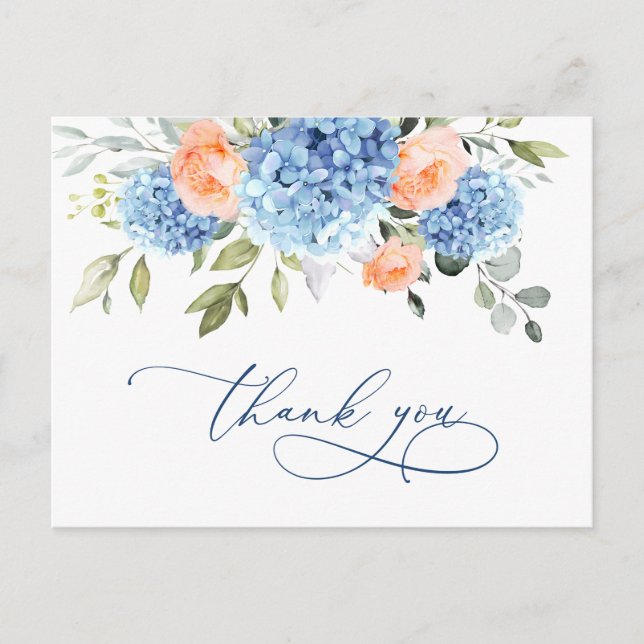 Elegant Blue Hydrangea Blush Pink Roses Thank You  Postcard (Front)