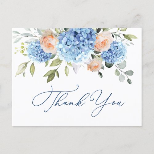 Elegant Blue Hydrangea Blush Pink Roses Thank You Postcard
