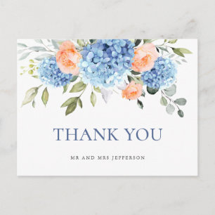 Elegant Blue Hydrangea Blush Pink Roses Thank You Postcard