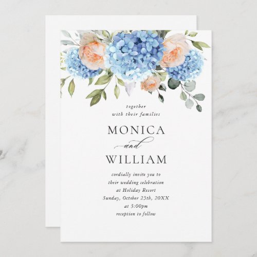 Elegant Blue Hydrangea Blush Pink Roses Wedding Invitation