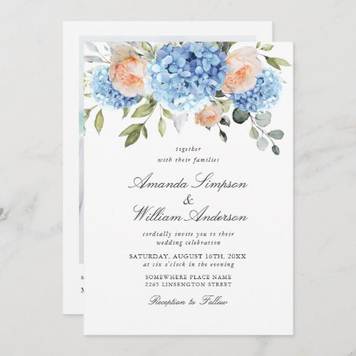Elegant Blue Hydrangea Blush Pink Roses Wedding Invitation