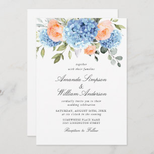 Elegant Blue Hydrangea Blush Pink Roses Wedding Invitation
