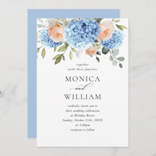 Elegant Blue Hydrangea Blush Pink Roses Wedding Invitation