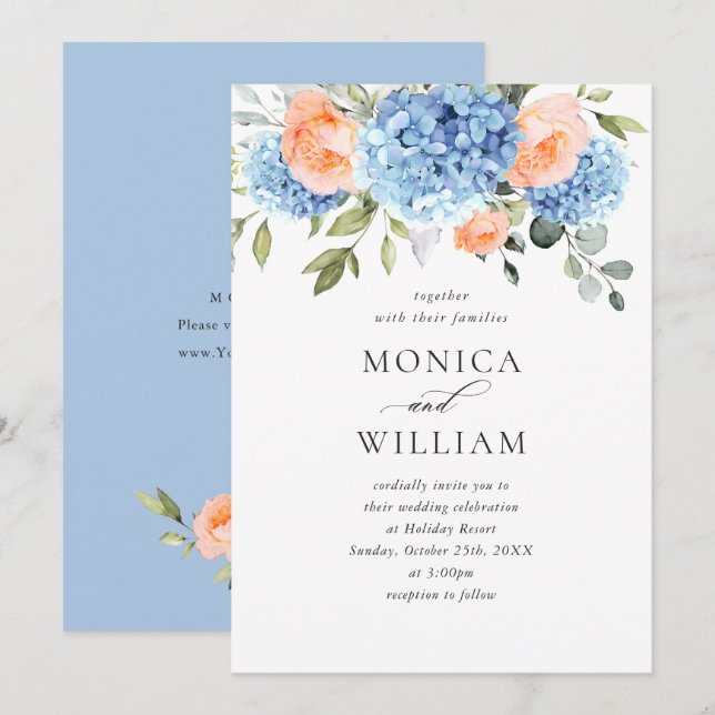 Elegant Blue Hydrangea Blush Pink Roses Wedding Invitation (Front/Back)