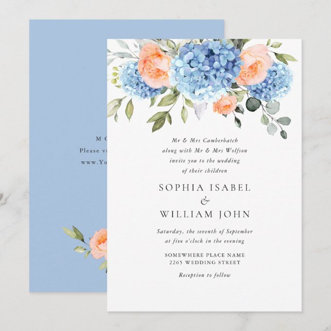 Elegant Blue Hydrangea Blush Pink Roses Wedding Invitation (Front/Back)
