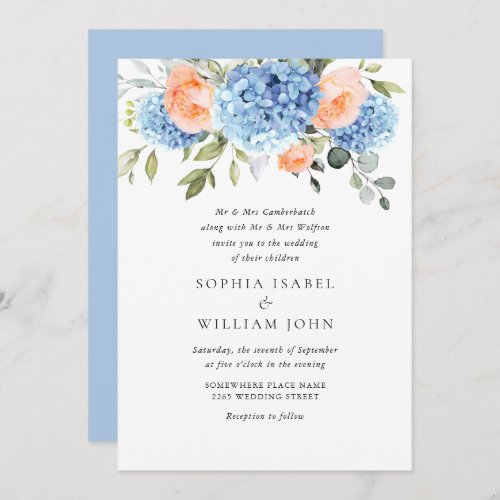 Elegant Blue Hydrangea Blush Pink Roses Wedding Invitation