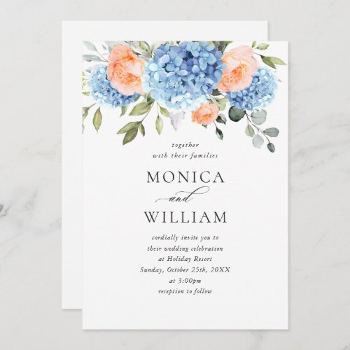 Elegant Blue Hydrangea Blush Pink Roses Wedding Invitation