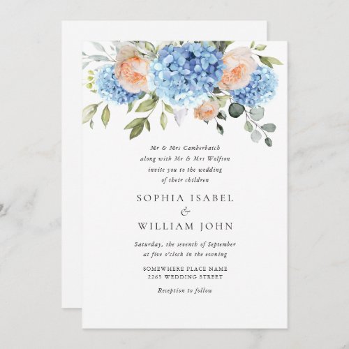 Elegant Blue Hydrangea Blush Pink Roses Wedding Invitation