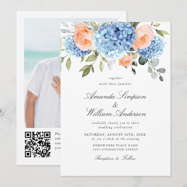 Elegant Blue Hydrangea Blush Pink Roses Wedding Invitation (Front/Back)