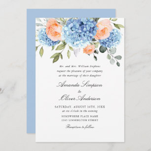 Elegant Blue Hydrangea Blush Pink Roses Wedding Invitation