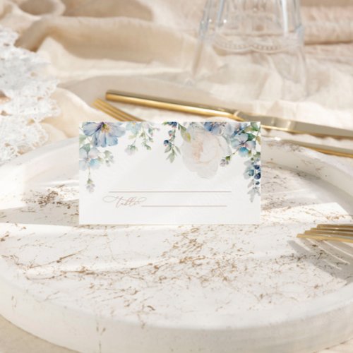 Elegant Blue Hydrangea  Blush Rose Wedding  Place Card