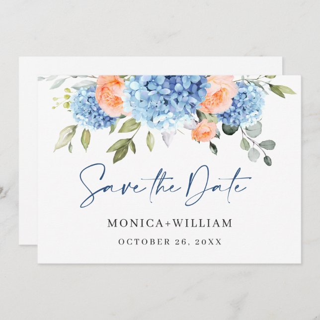 Elegant Blue Hydrangea Blush Roses Floral Wedding Save The Date (Front/Back)