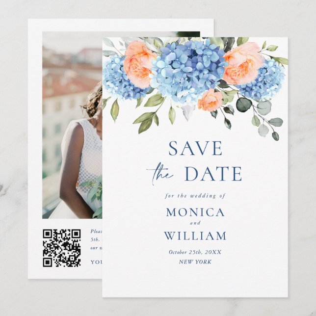 Elegant Blue Hydrangea Blush Roses Floral Wedding Save The Date (Front/Back)