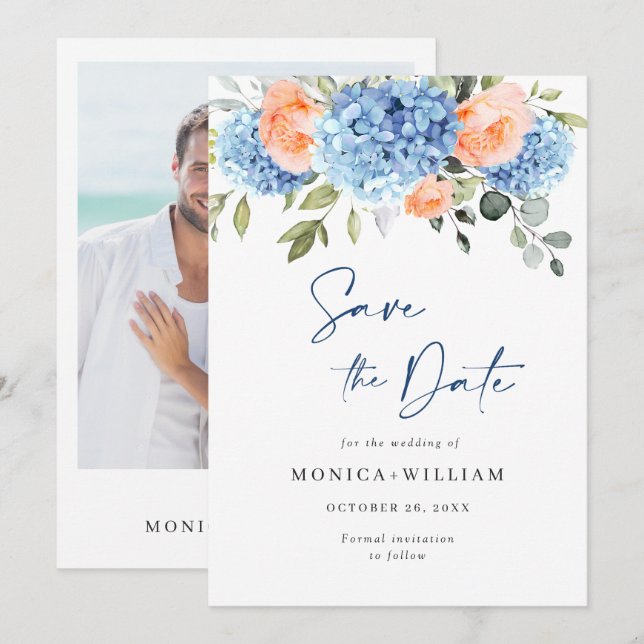 Elegant Blue Hydrangea Blush Roses Floral Wedding Save The Date (Front/Back)