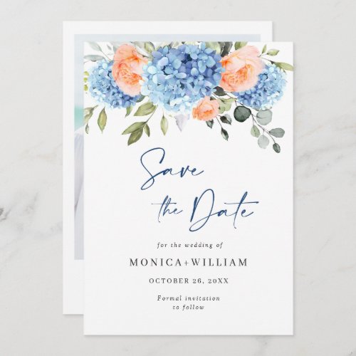 Elegant Blue Hydrangea Blush Roses Floral Wedding Save The Date