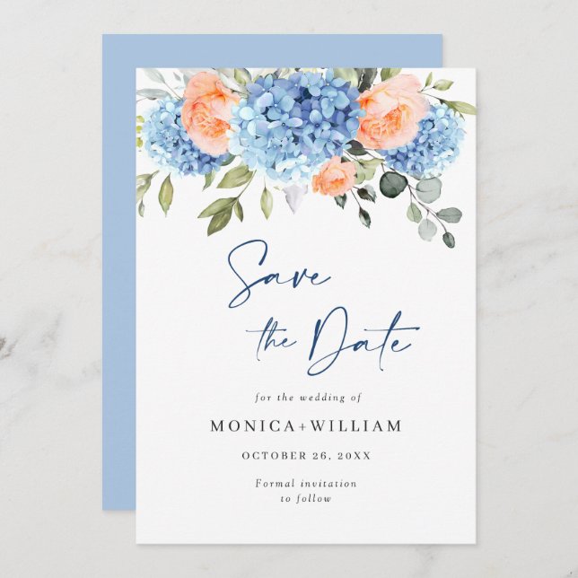 Elegant Blue Hydrangea Blush Roses Floral Wedding Save The Date (Front/Back)
