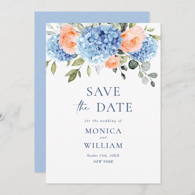 Elegant Blue Hydrangea Blush Roses Floral Wedding Save The Date (Front/Back)
