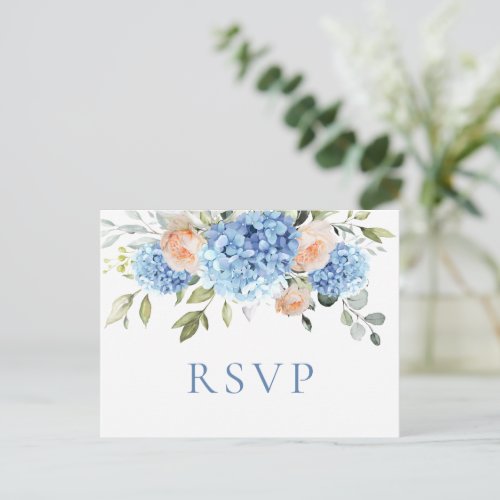 Elegant Blue Hydrangea Blush Roses Wedding RSVP Postcard