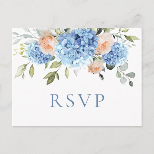 Elegant Blue Hydrangea Blush Roses Wedding RSVP Postcard