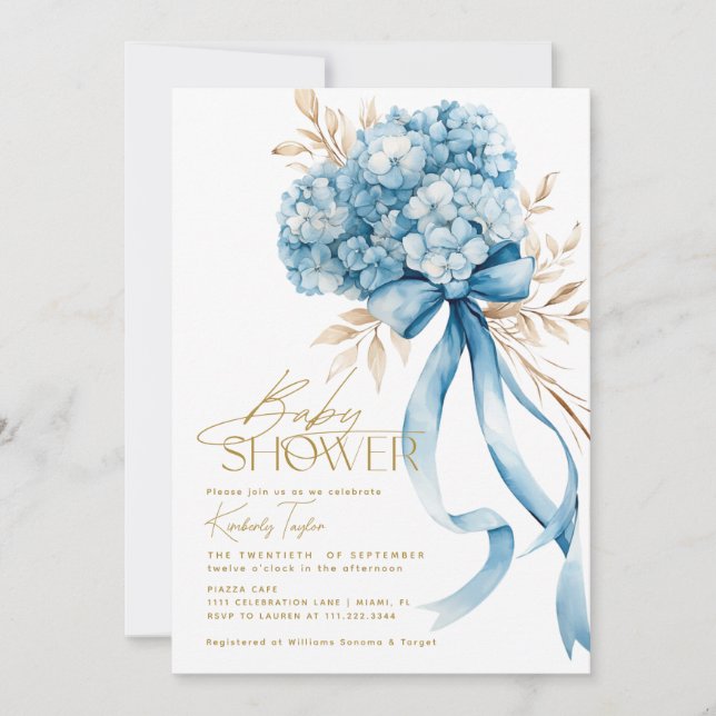 Elegant Blue Hydrangea Bow Baby Shower Invitation (Front)