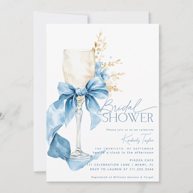 Elegant Blue Hydrangea Bow Champagne Bridal Shower Invitation (Front)