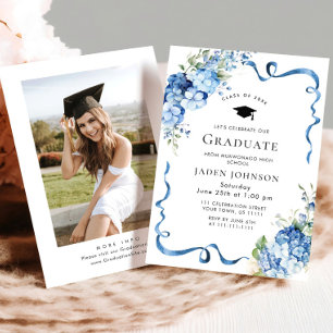Elegant Blue Hydrangea Bow Photo Graduation Party Invitation